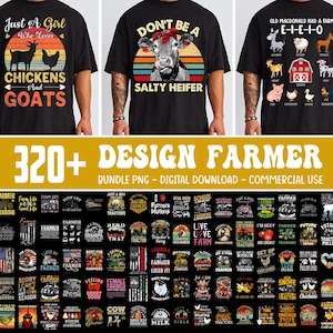 May include: A collection of over 320 digital designs featuring farm-themed graphics. The designs include images of cows, chickens, goats, tractors, and other farm animals. The designs are perfect for creating t-shirts, mugs, tote bags, and other merchandise.