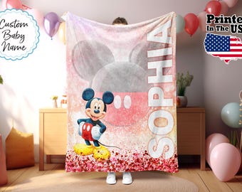 Couverture de dessin animé personnalisée avec souris, Couverture de dessin animé, Couverture avec nom personnalisé, Couverture à monogramme, Cadeaux pour amoureux des souris, Couverture pour bébé, Cadeaux d'anniversaire