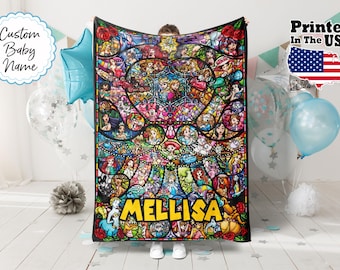 Manta de princesa personalizada con dibujos animados, manta con nombre personalizado, manta con monograma, regalo de princesa, manta para bebé, regalo de cumpleaños