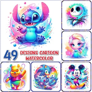 49 Design Cartoon Character PNG Bundle, Cartoon WaterColor PNG, Princess Cartoon Clipart, Cartoon Bundle, Digital Download, Commercial Use