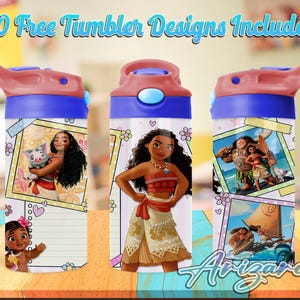 May include: Three colorful water bottles with different designs featuring characters from the animated movie Moana. The bottles are blue, pink, and white with a blue lid and a straw. The text "20 Free Tumbler Designs Included" is at the top of the image.