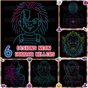 Neon Horror Characters Clipart, Retro Horror Movies Png, Halloween Horror Png, Horror Killers Bundle Png, Halloween Vibes, Digital Download