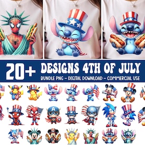 25 disegni di cartoni animati per il 4 luglio in formato PNG, personaggi dei cartoni animati in formato PNG, festa dell'indipendenza in formato PNG, clipart patriottiche, cartoni animati USA in formato PNG, download digitale