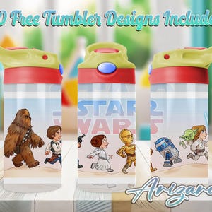 May include: Three clear plastic water bottles with colorful lids and straws. Each bottle features a different Star Wars character design. The text "20 Free Tumbler Designs Included" is at the top of the image.