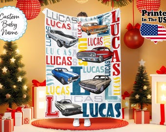 Coperta personalizzata per auto da corsa, coperta per muscle car, coperta per auto sportiva, coperta per neonati, regalo di compleanno, coperta con nome personalizzato, coperta con monogramma