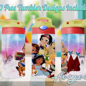 Princess Cartoon 12oz Kids Flip Top Sippy Cup PNG, Princess 12oz Sippy cup Tumbler Png, Kids Princess 12oz Tumbler Wrap, Commercial Use