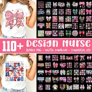 May include: A digital download bundle of 110+ nurse-themed designs. The designs feature a variety of colors, patterns, and text, including "Nurse Life!" and "RN".