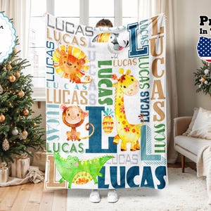 Personalisierte Safari Tier Decke, Dschungel Tier Decke, Benutzerdefinierte Name Decke, Monogramm Decke, Weihnachtsgeschenk, Baby Decke, Geburtstagsgeschenk