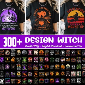 以下が含まれることがあります： 商業利用可能な300種類以上の魔女をテーマにしたデザインのセットです。デザインには、魔女、ほうき、猫、ポーション、テキストなど、さまざまなイラストが描かれています。デザインは、黒、白、紫、緑、オレンジなど、さまざまな色で構成されています。