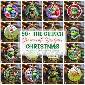 Pode incluir: Uma coleção de enfeites de Natal redondos com o tema Grinch. Os enfeites são coloridos e festivos, com imagens do Grinch em diferentes poses e cenários. O texto na imagem diz "90+ The Grinch Ornament Designs Christmas".