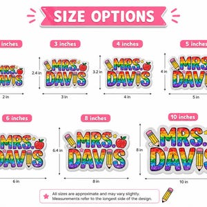 Pu&ograve; includere: Una selezione di adesivi arcobaleno con la scritta "MRS. DAVIS", una matita e una mela. Le opzioni di dimensioni variano da 5 cm a 25 cm. Gli adesivi sono progettati per gli insegnanti.