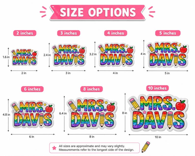 Pu&ograve; includere: Una selezione di adesivi arcobaleno con la scritta "MRS. DAVIS", una matita e una mela. Le opzioni di dimensioni variano da 5 cm a 25 cm. Gli adesivi sono progettati per gli insegnanti.