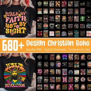 Puede incluir: Un paquete de descarga digital de m&aacute;s de 680 dise&ntilde;os cristianos boho. Los dise&ntilde;os presentan una variedad de colores, patrones y texto, incluyendo "Camina por la fe, no por la vista", "Jes&uacute;s", "El caf&eacute; me ayuda a pasar el d&iacute;a" y "Fe sobre el miedo".