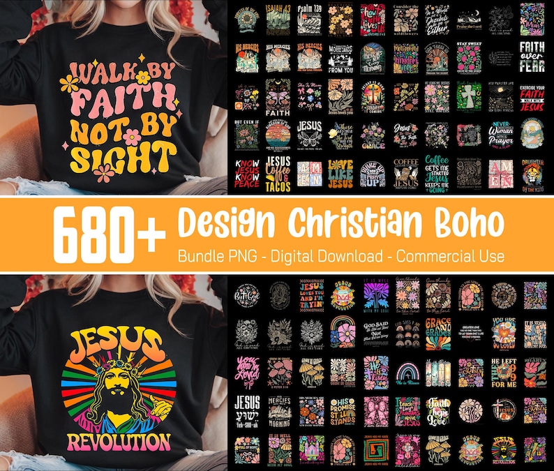Puede incluir: Un paquete de descarga digital de m&aacute;s de 680 dise&ntilde;os cristianos boho. Los dise&ntilde;os presentan una variedad de colores, patrones y texto, incluyendo "Camina por la fe, no por la vista", "Jes&uacute;s", "El caf&eacute; me ayuda a pasar el d&iacute;a" y "Fe sobre el miedo".