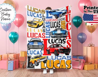 Personalisierte Rennwagen-Decke, Muskelauto-Decke, Sportwagen-Decke, Babydecke, Geburtstagsgeschenk, benutzerdefinierter Namensdecke, Monogrammdecke