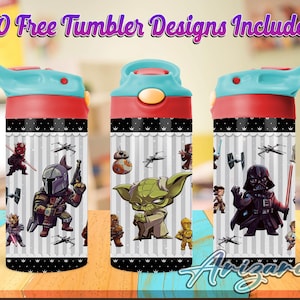 May include: Three water bottles with Star Wars character designs. Each bottle has a red base, a light blue lid, and a black and white striped pattern. The text "20 Free Tumbler Designs Included" is at the top.