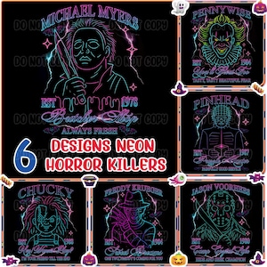 Neon Horror Characters Clipart, Retro Horror Movies Png, Halloween Horror Png, Horror Killers Bundle Png, Halloween Vibes, Digital Download