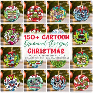 Peut inclure: Une collection de décorations de Noël rondes avec divers motifs de dessins animés. Les ornements présentent des personnages comme le Grinch, Stitch et Mickey Mouse, avec du texte qui dit "Merry Christmas" et "Grinch". Les ornements sont affichés sur un fond flou.