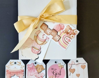 Etiquetas de regalo para niña en rosa y marrón para imprimir, ideales para baby shower o cumpleaños.
