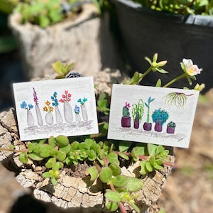 Potted Plants and Flowers Galore Watercolor Paintings Small Artwork Miniature Paintings or Artist ACEO Trading Card 2.5x3.5 in - Set of 2