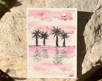 Tarjeta original de ACEO: Pintura de acuarela de palmeras en la costa