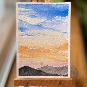 Serene Mountain Skies Watercolor Painting Original Landscape Art  Small Artwork Miniature Painting or Artist ACEO Trading Card 2.5x3.5 in