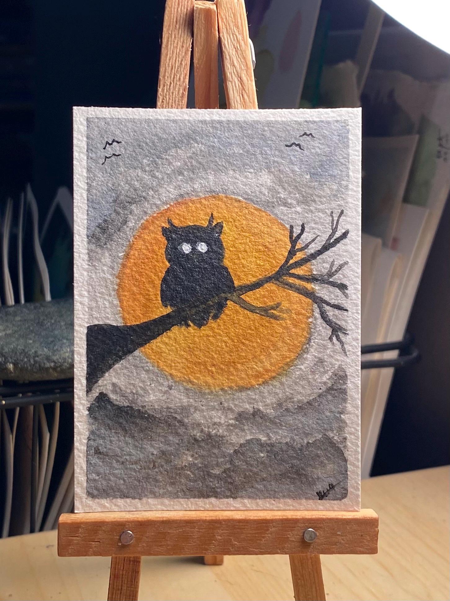 Halloween Spooky Owl Miniature Watercolor Painting: ACEO 2.5x3.5 in