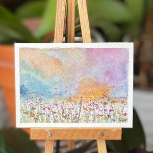 Field of Flowers Original Watercolor Painting Small Artwork or ACEO Artist Trading Card 2.5” x 3.5” inches