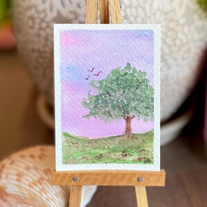 Cute Tree Watercolor Painting Original Art Small Artwork Miniature Painting or Artist ACEO Trading Card 2.5x3.5 in