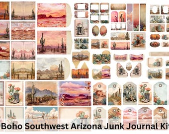 May include: A collection of watercolor-style paper ephemera with a Boho Southwest Arizona theme. Includes journal pages, tags, envelopes, and decorative elements featuring desert landscapes, cacti, and cowboy boots. The text "Boho Southwest Arizona Junk Journal Kit" is visible.