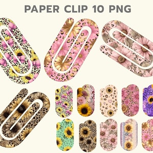 Puede incluir: Diseños de clips con estampados florales y animales. Los clips presentan girasoles, flores rosas y estampado de leopardo. El texto "PAPER CLIP 10 PNG" está en la parte superior.
