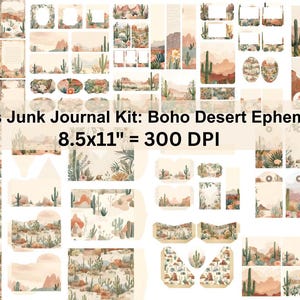 May include: A collection of desert-themed ephemera for junk journals, featuring watercolor illustrations of cacti, mountains, and desert landscapes. The kit includes various paper sizes, tags, and decorative elements. The text reads "Cactus Junk Journal Kit: Boho Desert Ephemera 8.5x11" = 300 DPI".