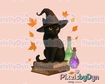 Op de afbeelding: Een zwarte kat met een heksenhoed zit op boeken met de tekst "SPELLS". Herfstbladeren en groene en paarse drankflessen omringen de kat. Roze achtergrond, winkelnaam "PixelsbyDyn."