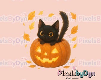 May include: A cartoon illustration of a black cat with large yellow eyes sitting inside a carved orange pumpkin. The pumpkin has a smiling face. Autumn leaves are scattered around the pumpkin and cat on a pink background.