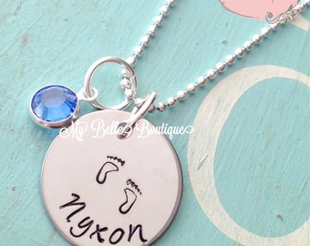 Personalized Hand Stamped Baby Foot Print Necklace with Drop Style Swarovski Birthstone