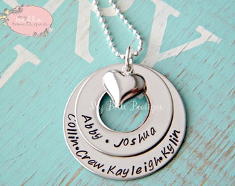 Personalized Hand Stamped Stacked Washer Family Necklace with Heart Charm