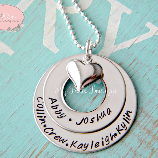 Personalized Hand Stamped Stacked Washer Family Necklace with Heart Charm