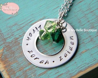 1 Inch Personalized Hand Stamped Washer Necklace with Birthstones