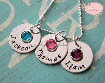 Personalized Hand Stamped Triple Disc Names and Birthstones Necklace