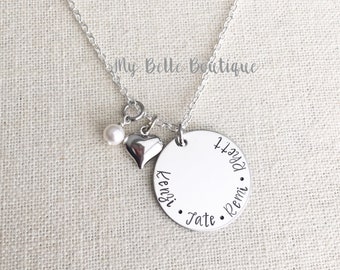 Personalized Hand Stamped Necklace with Heart and Swarovski Pearl Dangle Charms