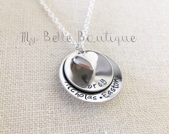 Personalized Double Stacked DOMED Cupped Hand Stamped Names Necklace with Silver Tone Heart Charm