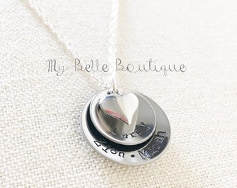 Personalized Double Stacked DOMED Cupped Hand Stamped Names Necklace with Silver Tone Heart Charm