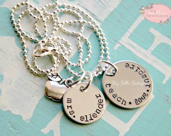 Personalized Hand Stamped Teacher Necklace with Apple Charm - Teach Love Inspire