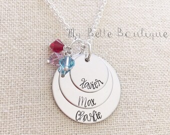 Personalized Mother's Necklace Three Discs and Birthstones Hand Stamped