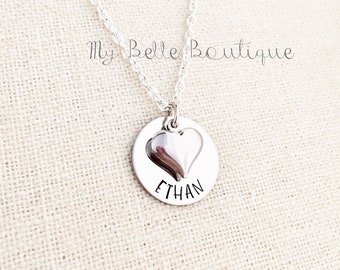 Personalized Hand Stamped Disc with Silver Tone Heart Charm - Necklace