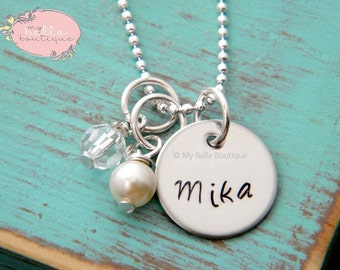 Personalized Hand Stamped Name Necklace with Ivory Swarovski Pearl and Clear Bead