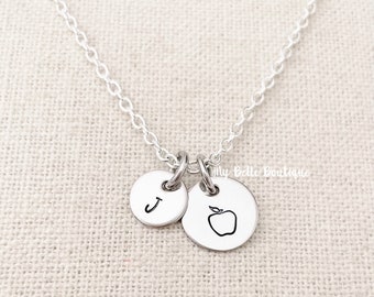 Personalized Hand Stamped Teacher Necklace with Apple Charm - Teach Love Inspire