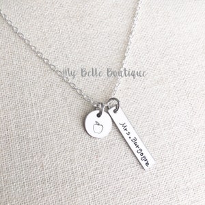 Personalized Hand Stamped Teacher Necklace with Apple Charm - Teach Love Inspire