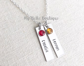 Personalized Hand Stamped Double Rectangle Tag Pendant Necklace with Swarovski Birthstones