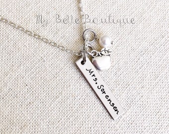 Personalized Hand Stamped Teacher Necklace with Apple Charm - Teach Love Inspire